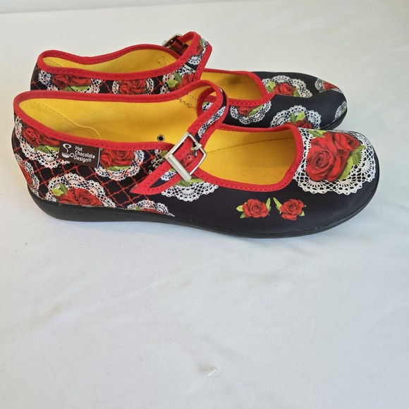 Hot Chocolate - Chocolaticas Mary‎ Jane Flats Rose Lace Print Buckle Shoes 7.5 - Picture 8 of 11